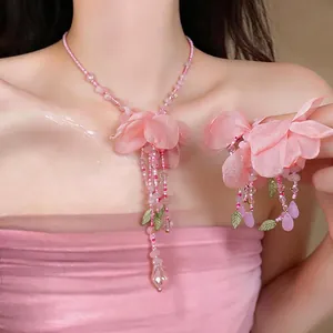 Korean Pink Fabric Flower Jewelry Set With 925 Sterling Silver Earring Post Handmade Beaded Necklace Earrings For Women