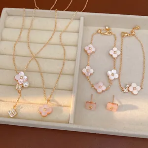 Elegante Set Gioielli Fiori di Ciliegio in Conchiglia Zirconia Perno Argento Rame Rosa Collana Bracciale Orecchini