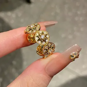 Luxury 14K Gold Plated Zirconia Round Star Ring for Women Fashion Vintage Adjustable Jewelry Finger Ring Gift