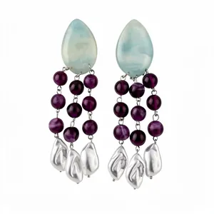 Vintage ethnic style resin tassel earrings with purple beads and baroque pearls charms