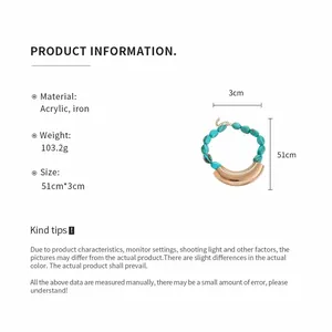 Detailed specifications for acrylic beaded necklace with large gold crescent pendant