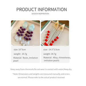 Product information for vintage resin pearl tassel earrings with size and material details