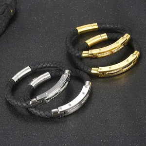Men's braided leather bracelet with rhinestone and stainless steel inlay, gold and silver