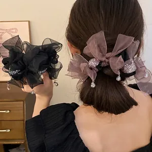 Chouchou Géant en Mousseline avec Nœud pour Femmes Élastique à Cheveux Élégant avec Pendentif Goutte Accessoires de Coiffure en Tissu de Qualité