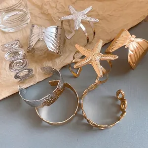European American Irregular Crumpled Open Cuff Bangle Personalized Niche Metallic Gold Silver Butterfly Sea Star Bangle Bracelet for Women Jewelry