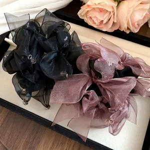Chouchous élégants en mousseline avec nœud, noir et mauve, élastiques à cheveux de luxe.