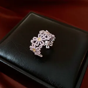 Luxus Kupfer Zirkonia Blume Offener Ring Für Damen Vintage Hohle Florale Einstellbare Fingerring Mode Schmuck