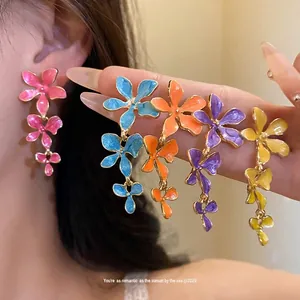Französischer Vintage Emaille Blume Quaste Ohrringe Für Damen Elegante Legierung Floral Drop Ohrringe Mit Silber Ohrringpfosten