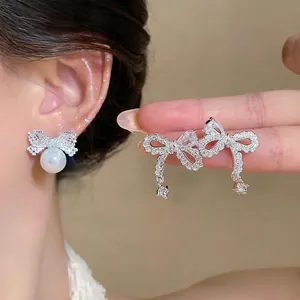 French Elegant Bowknot Zirconia Artificial Pearl Stud Earrings For Women Silver Plated Copper Daily Commute Jewelry Gift