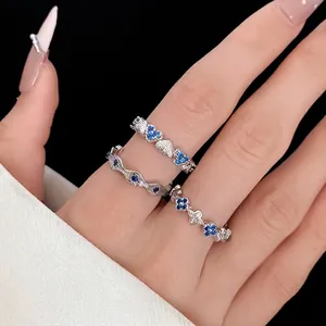 Exquisite Copper Blue Zirconia Heart Open Ring For Women Simple Fashion Premium Inlaid Adjustable Finger Jewelry Ring Accessory