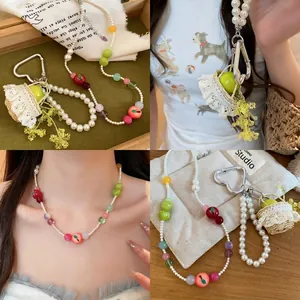 French Sweet Resin Apple Beaded Artificial Pearl Necklace Charm Set Fresh Design Clavicle Chain Jewelry For Women