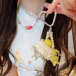 Elegant French style resin apple beaded pearl necklace and keychain bag charm set for women