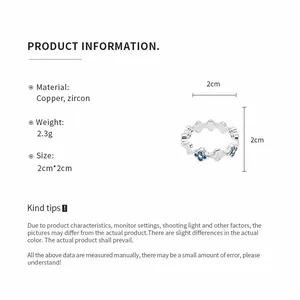 Detailed specifications for silver clover ring with blue zircon stones and 2cm size.