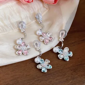 Elegant flower pearl clip-on earrings with crystals for non-pierced ears
