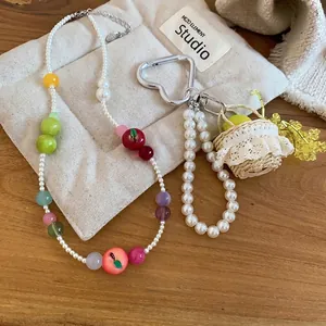 French style resin apple beaded pearl necklace and heart keychain set for women's
