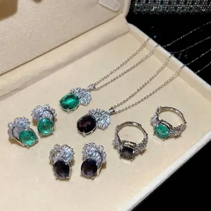 Set Gioielli in Rame Vintage Zirconia Piuma Ovale per Donna Placcato Argento Verde Viola Collana Pendente Anello Orecchini