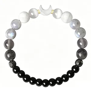 Bracelet de guérison en pierre de lune et obsidienne avec breloque croissant de lune argenté