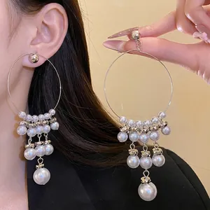 French Vintage Round Artificial Pearl Tassel Drop Earrings For Women Elegant Silver Tone Geometric Fashion Jewelry Gift
