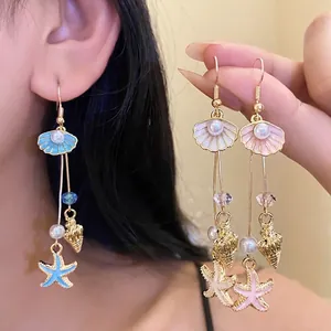 Alloy Artificial Pearl Shell Starfish Drip Enamel Drop Earrings Gold Plated Ocean Beach Vacation Style Jewelry For Women