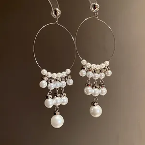 Elegant French vintage hoop earrings with dangling pearl tassels and s925 silver needles.