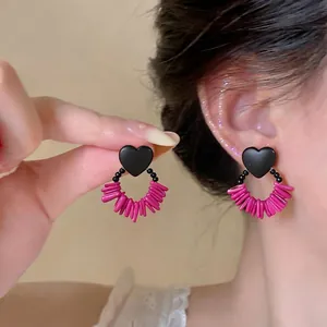 Retro Ethnic Heart Wood Glass Earrings For Women 925 Sterling Silver Earring Post Handmade Black Rose Red Niche Jewelry