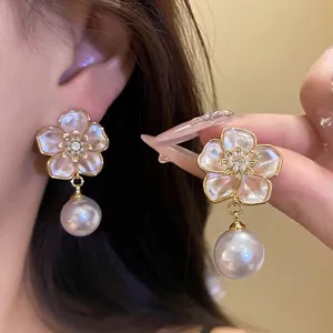 Elegant Pink Enamel Flower Zirconia Artificial Pearl Stud Earrings For Women Gold Plated Floral Drop Earrings Light Luxury Jewelry Gift