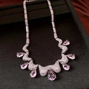 Elegant luxury French vintage style necklace with pink teardrop cubic zirconia stones.
