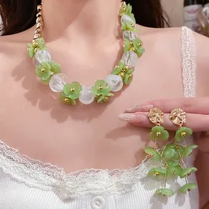 Charming sweet acrylic flower beaded necklace and matching dangle earrings set for women