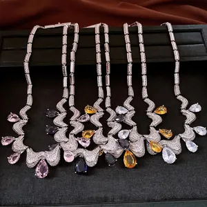 Luxury water drop zircon necklaces in French court style with sparkling silver finish