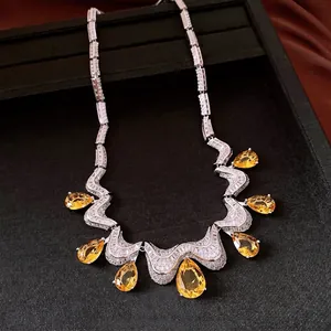 Luxurious French style necklace with yellow water drop zircons and sparkling crystals