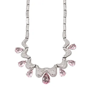 Elegant silver-toned statement necklace featuring pink water drop cubic zirconia stones