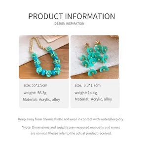 Detailed view of the turquoise acrylic flower jewelry set with sizes and care guide