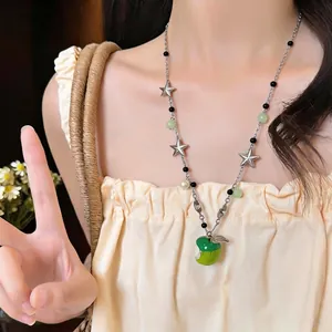 Fresh beaded necklace featuring silver stars and a green bitten apple pendant for women