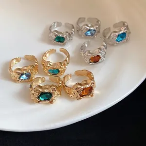 Retro Irregular Geometric Crinkle Open Rings For Women Palace Style Gold Silver Plated Rhinestone Adjustable Finger Rings Jewelry