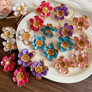 Vintage Court Style Metal Floral Stud Earrings With Steel Post Drip Oil Enamel Flower Jewelry Fashion Accessories Women Luxury Jewelry