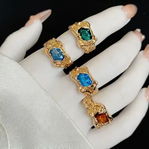 Vintage irregular gold wrinkled open rings set with colorful square gemstones for women