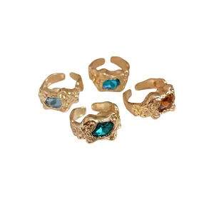 Vintage irregular gold pleated open rings with colorful gemstones set of four rings