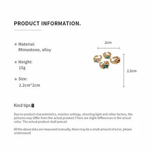 Product details for vintage irregular gold rings featuring rhinestone alloy and size chart