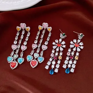 Vintage Copper Zirconia Flower Heart Water Drop Tassel Earrings With Silver Earring Post Colorful Fashion Luxury Jewelry