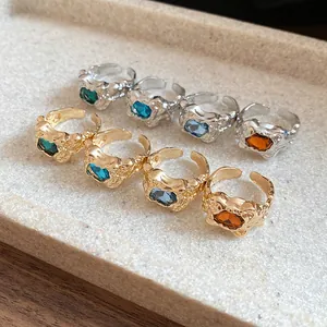 Assorted retro court style wrinkled open rings with colorful inlaid crystals detail