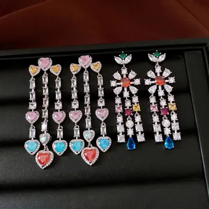 Elegant vintage colorful zircon flower and heart tassel drop earrings for luxury fashion.