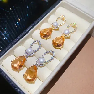 18K Vergoldet Zirkonia Künstliche Perle Ohrstecker Für Damen Birnenform Champagner Zirkon Ohrringe Luxus Schmuck Geschenk