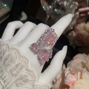 Elegant Copper Pink Zirconia Hollow Butterfly Open Ring For Women Adjustable Fashion Finger Ring Luxury Jewelry Gift