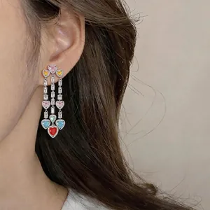 Elegant vintage silver needle earrings with multi-color heart cubic zirconia tassels