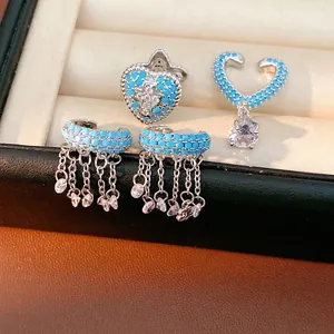 Blue Zircon Heart Star Tassel Ear Clips For Women No Pierced Ears Niche Light Luxury Copper Zirconia Earrings Jewelry