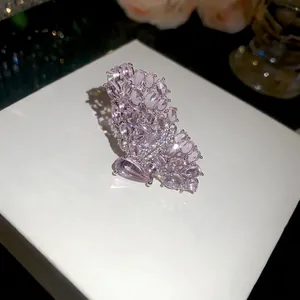 Elegant micro-pave pink crystal butterfly open ring with a light luxury aesthetic