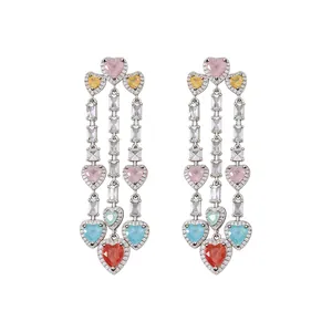 Elegant vintage silver needle heart tassel drop earrings with colorful zircon stones