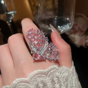Exquisite luxury pink crystal butterfly hollow open ring with micro-pave detailing
