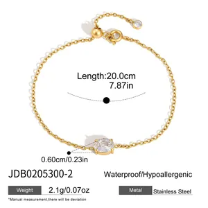 Detail showing dimensions of 18k gold plated stainless steel white zircon bracelet.