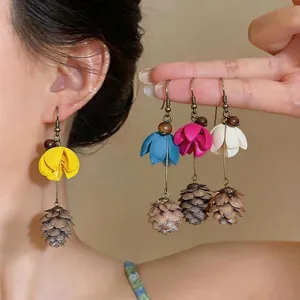 Summer Fresh Forest Style Flower Pine Cone Tassel Dangle Earrings For Women Alloy Jewelry With 925 Sterling Silver Earring Post
